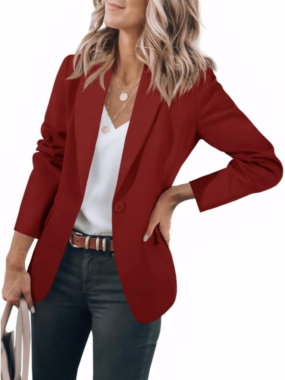 🆕Women's Burgundy Casual Notch Lapel Work Office Business Blazer Suit Jacket